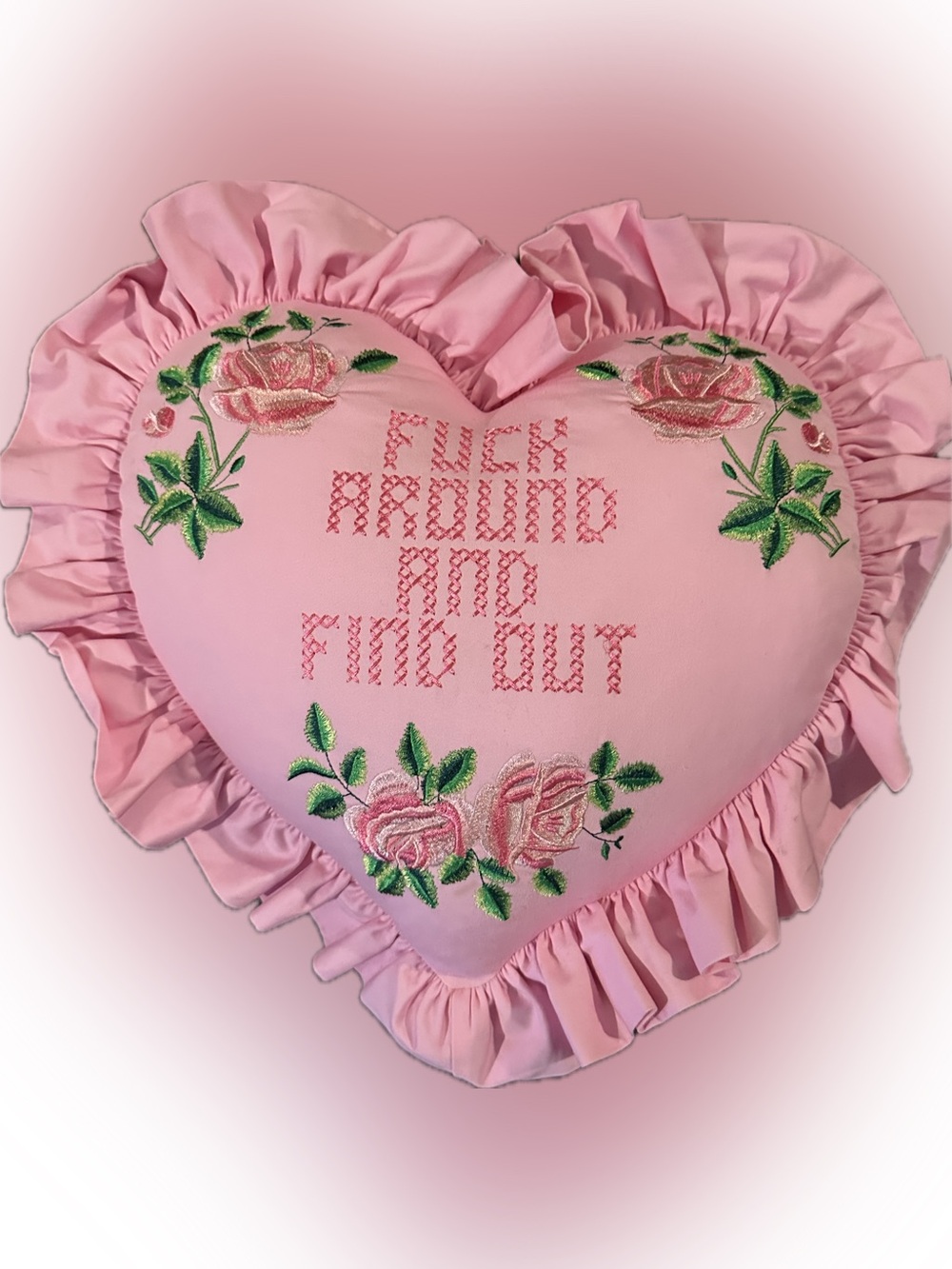 Dolls Kill Dolls home Pink Ruffled Heart Pillow with FAFO Embroidered Detail